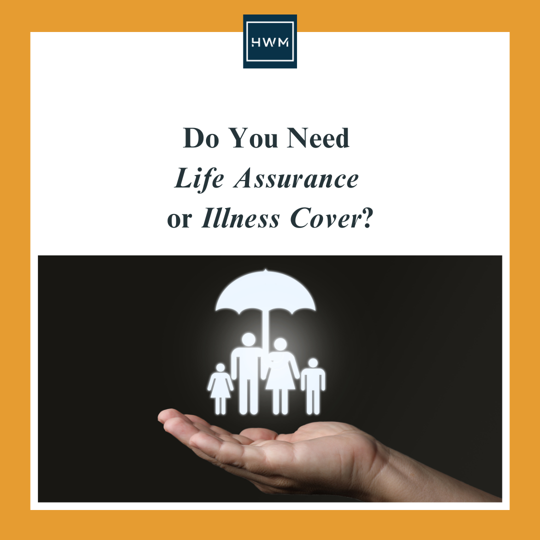 Illustration representing life assurance and illness cover options — silhouettes of people protected by an umbrella, symbolising financial protection.